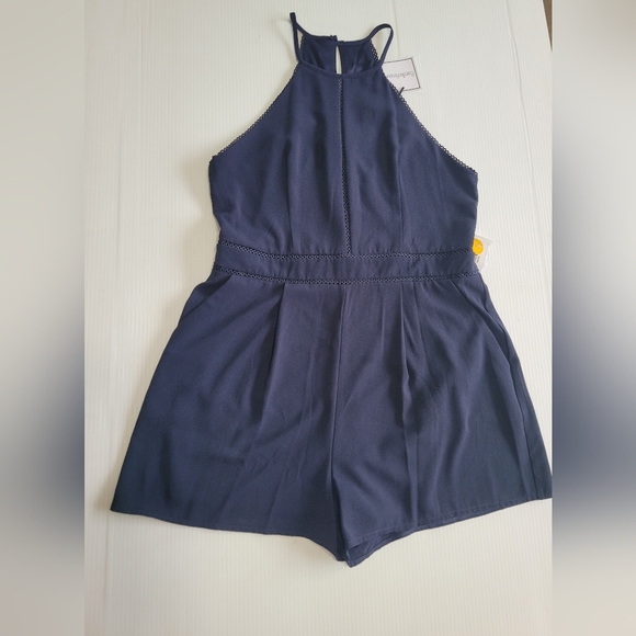 NWT Premier Amour Blue Halter-neck Keyhole Back Romper with Pockets, Sz. 14 - Picture 2 of 6